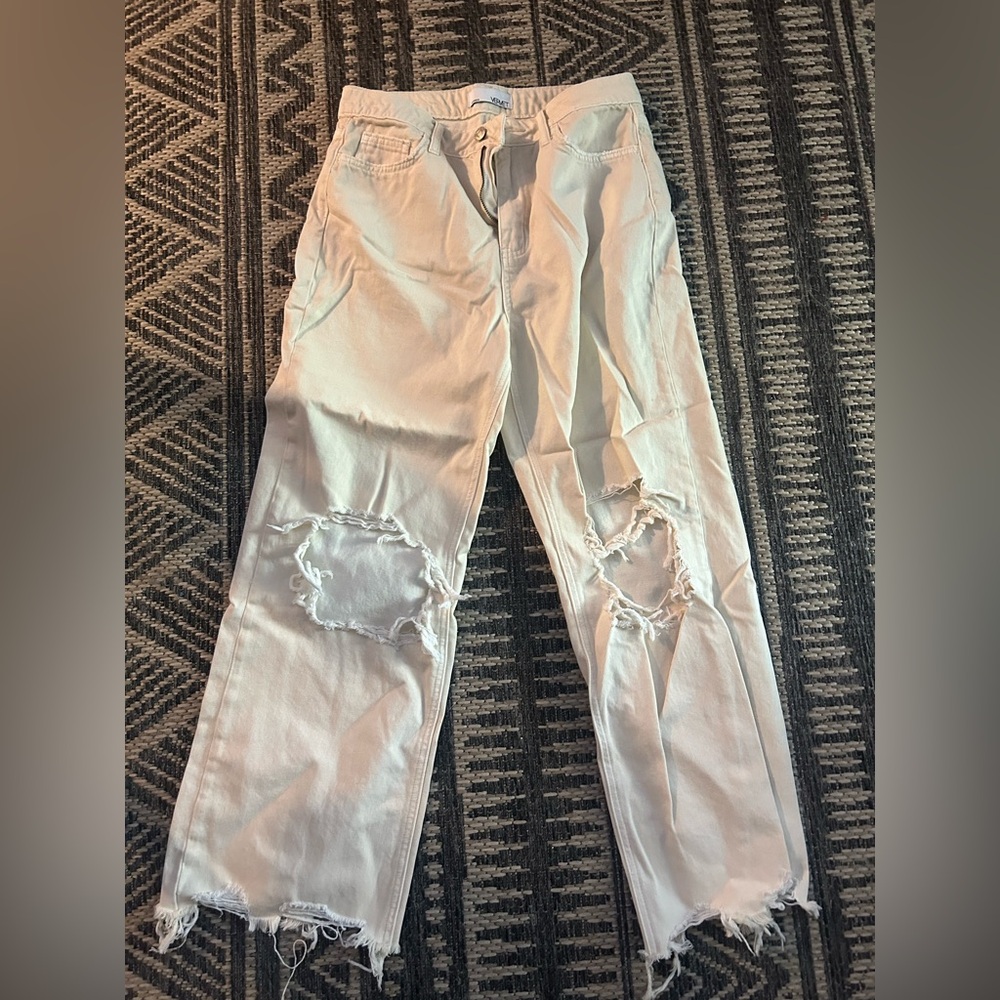 VERVET BY FLYING MONKEY Cream Cropped Distressed Jeans